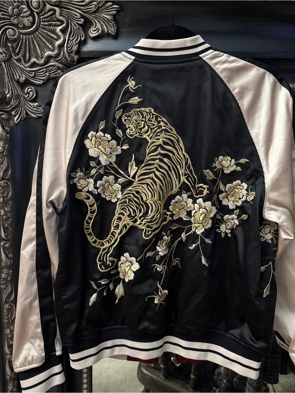 Express Embroidered Tiger Floral Reversible Satin Bomber Jacket